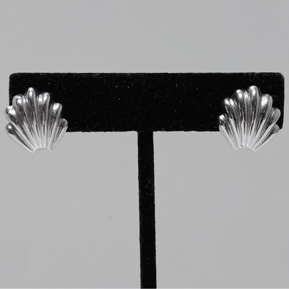Vintage Monet Chrome Silver Seashell Post Back Stud SS Summer Earrings